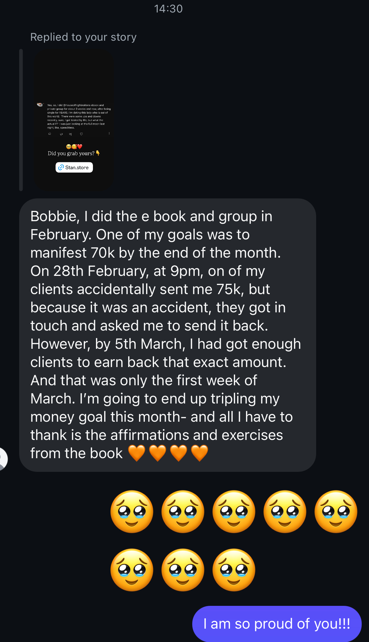 Screenshot of a message reporting a 75k windfall during the February cohort