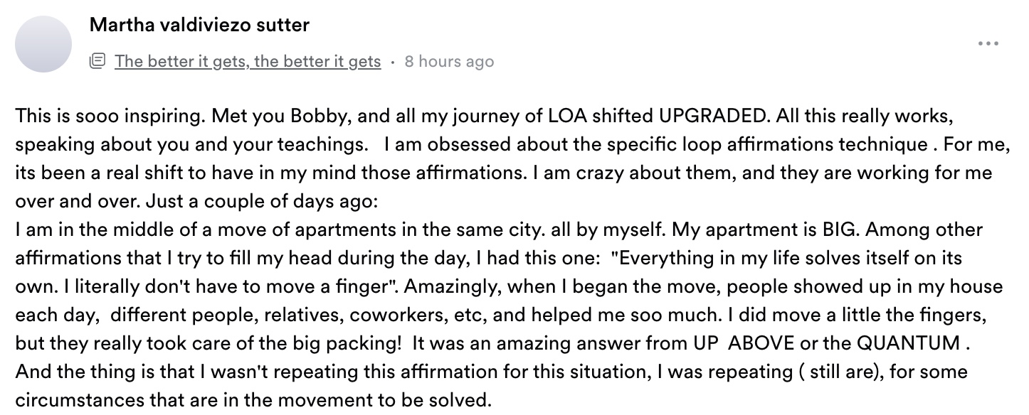Screenshot of a member describing her manifestation shift and apartment move